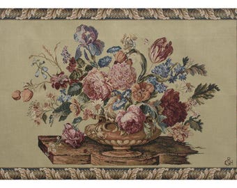 Pensee II Green European Wall Tapestry - Floral Woven Wall Decor Art - Floral French Wall Tapestry - Cream Background Wall Hanging