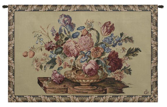 Floral French Wall Tapestry: Pensee II Woven Decor (26x42 inch)