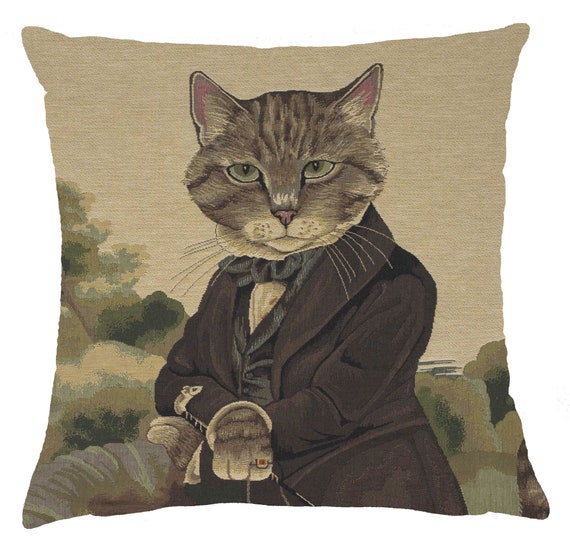 Belgian Woven Cat Art Cushion Cover - 18x18 inch Herbert Tapestry Pillow for Animal Lovers