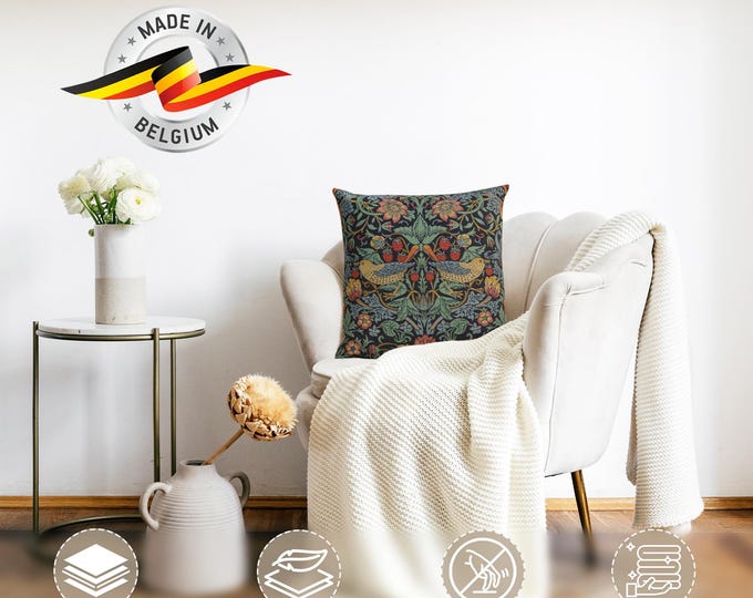 William Morris Strawberry Thief Pillow Cover: Belgian Tapestry Cushion (18x18 inch)