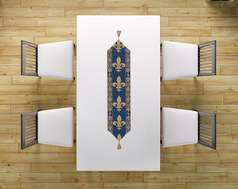 Fleur De Lys Blue Jacquard Woven Table Runner 12x64 inch - Royal French Classic Table Decor - Elegant Gold & Blue Design