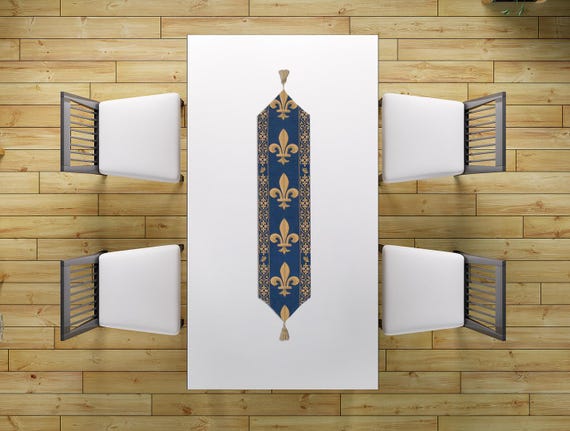Fleur-de-Lys Jacquard Table Runner: French Royal Blue & Gold, 12x64 inch