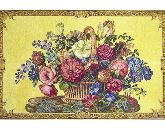 Flower Basket with Yellow Chenille Background European Wall Tapestry - Floral Decorative Wall Hanging - Colorful Jacquard Wall Decor Art