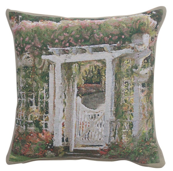 Belgian Tapestry Cushion Cover: Jardin Poort Floral Pillow, 17x17 inch