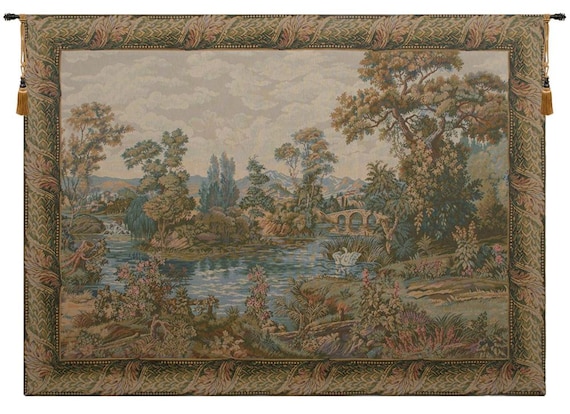 Elegant Swan Lake Jacquard Woven Wall Tapestry - Italian Bedroom Decor, Bordered Art Hanging, Gift