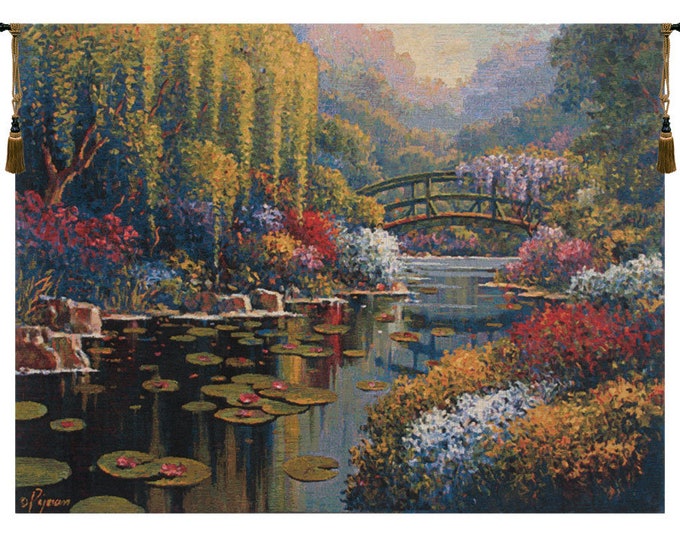 Giverny Pond European Wall Tapestry - Floral Woven Wall Décor Art - Unique Fine Art Wall Hanging - Jacquard Room Décor Wall Art