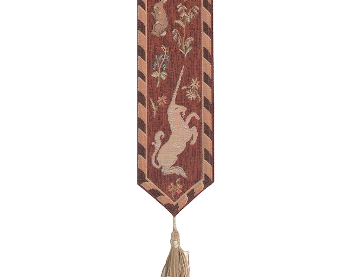 French Unicorn Tapestry Bell Pull: Medieval Woven Wall Hanging
