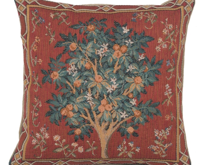 Medieval Orange Tree Jacquard Tapestry Pillow Cover 14x14 - Decorative Woven Cushion Art for Home