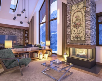 Floral Wall Tapestry: Cream European Jacquard Woven Art (64x28 inch)