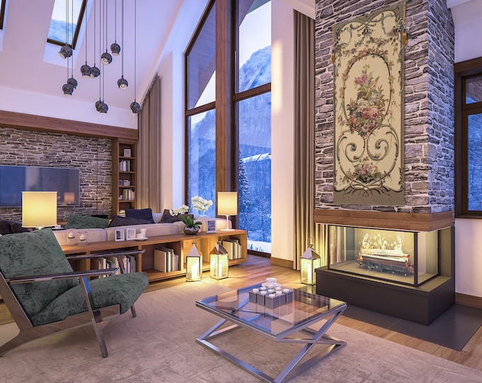 Floral Wall Tapestry: Cream European Jacquard Woven Art (64x28 inch)