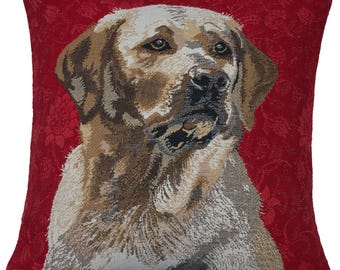 Yellow Labrador Tapestry Cushion Cover: Belgian Jacquard Woven Pillow (16x16 inch)