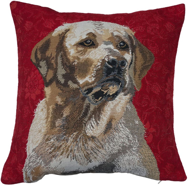 May include: A square cushion with a tapestry design of a Labrador Retriever dog. The dog is rendered in brown, tan, and white hues, set against a red backdrop with a floral pattern. The cushion has a zip closure. Measurements are not available.