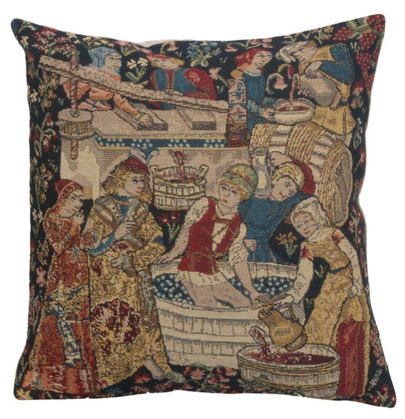 Millefleurs Tapestry Pillow Cover: Medieval Grape Harvest, 16x16 inch
