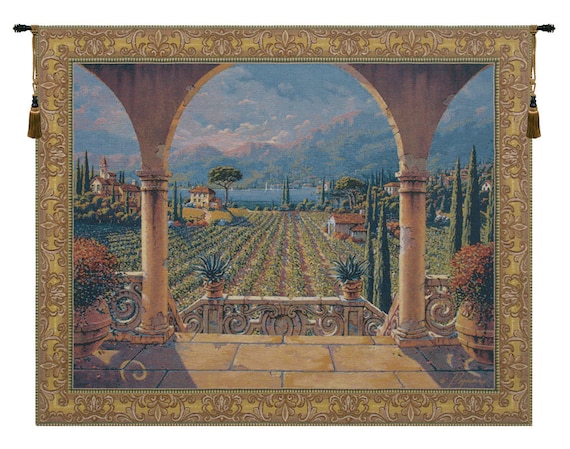 Tuscan Vineyard Tapestry: Lakeside View, Italian Wall Decor (38x47 inch)