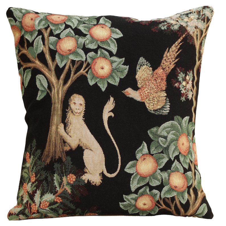 Lion and Pheasant Tapestry Cushion Cover Medieval Jacquard Woven Pillow 19x19 image 1