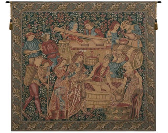 Vendange Left Panel Wall Tapestry Hangings - Medieval Wine Press Wall Hangings - Grapes & Wine Making Home Decor Art