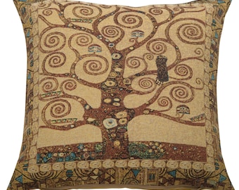 Taies d'oreiller tissées Klimt 18 x 18 pouces, arbre de vie, taies d'oreiller franco-belge, cadeau de pendaison de crémaillère, housse de coussin jacquard Gobelin