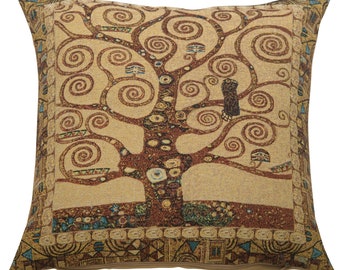 Klimt Woven Tapestry Pillow Covers 18x18, Tree of Life French Belgian Pillow Cases, Housewarming Gift, Gobelin Jacquard Cushion Covers