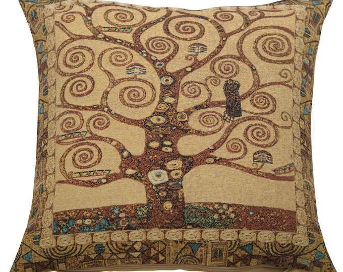 Klimt Woven Tapestry Pillow Covers 18x18, Tree of Life French Belgian Pillow Cases, Housewarming Gift, Gobelin Jacquard Cushion Covers