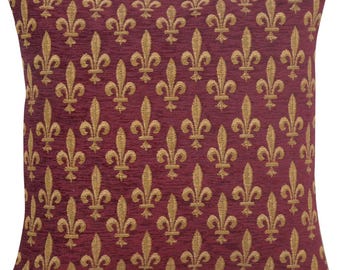 Fleur de Lys Rouge IV Tapestry Cushion Cover 18x18 inch – Floral Decorative Pillow Cover – Jacquard Woven Sofa Pillows Case