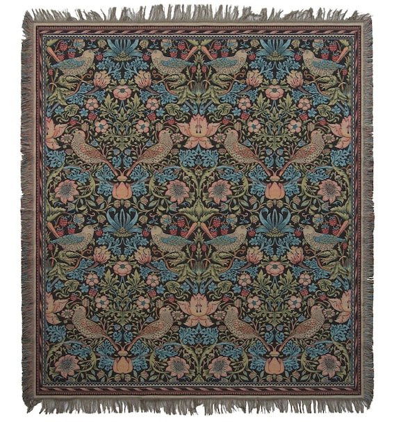 William Morris Strawberry Thief Tapestry Throw: Belgian Woven Blanket (60x60 inch)