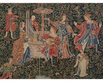 Medieval Concert European Wall Tapestry - Gobelin Wall Hanging - Modern Medieval Wall Décor Art - Floral Background Decorative Wall Art
