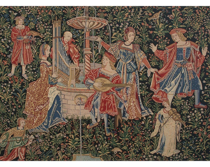 Medieval Concert European Wall Tapestry - Gobelin Wall Hanging - Modern Medieval Wall Décor Art - Floral Background Decorative Wall Art