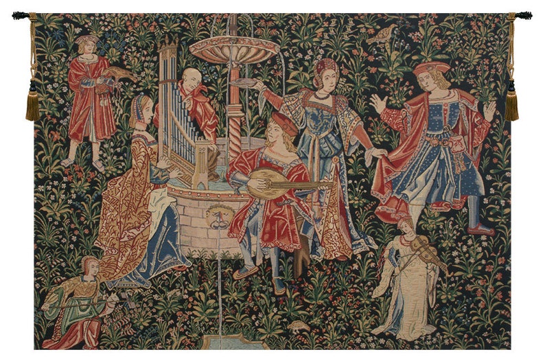 May include: A tapestry depicting a medieval scene with figures playing musical instruments in a garden setting. The tapestry features a fountain, a stone well, and a variety of flowers and plants. The figures are dressed in colorful clothing and are playing instruments such as a lute, a harp, and a pipe organ. The tapestry is woven with intricate details and vibrant colors.