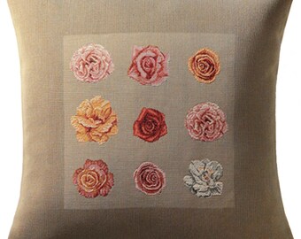 Roses Tapestry Cushion Covers - Cream European Pillow Covers - 19x19 Gobelin Throw Pillow Covers for Couch - Floral Jacquard Pillow Covers