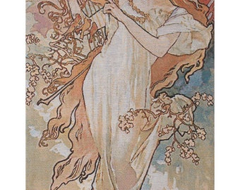 Spring Mucha European Wall Tapestry - Woven Jacquard Wall Décor Art - Decorative Fine Art Wall Hanging - Young Lady Unique Wall Tapestry
