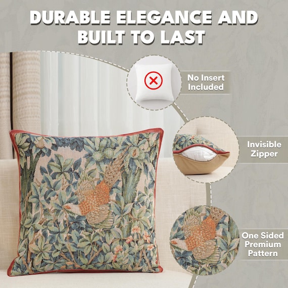 William Morris Tapestry Pillow Cover: Pheasant in Forest, 100% Cotton (19x19 Inch)