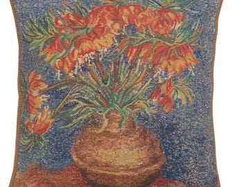 Fritillaries Tapestry Pillow Cover | 16x16 inch Throw Pillow Cover | Van Gogh Art Cushion Case | Woven Poppies Floral Bouquet Cushion Cover