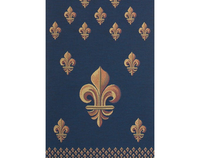 Blue Fleur de Lys Table Runner: French Jacquard Woven Cotton Blend (68x18 inch