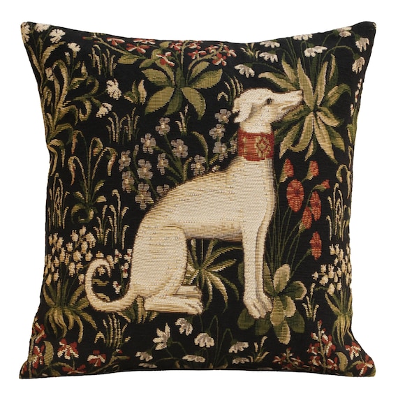 Medieval Hound Sitting Woven Cushion Cover 18x18in Belgian Tapestry Throw Pillow Case