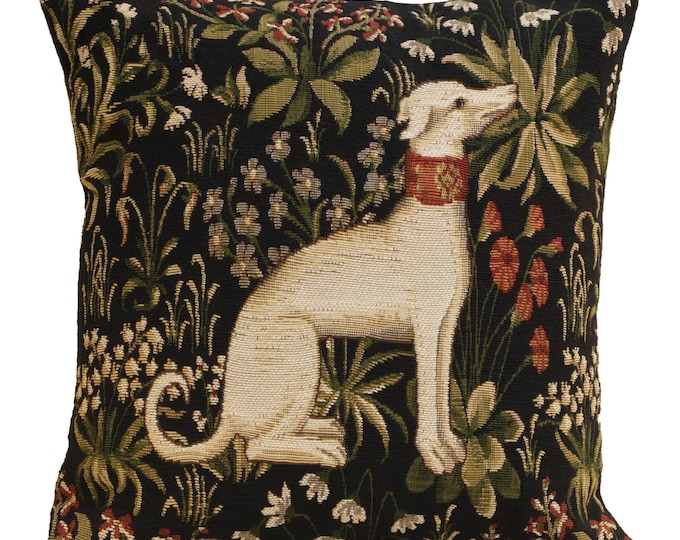 Medieval Hound Sitting Woven Cushion Cover 18x18in Belgian Tapestry Throw Pillow Case