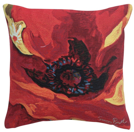 Simon Bull 'Bright New Day' Tapestry Cushion Cover: Red Floral Pillow (21x21 inch)