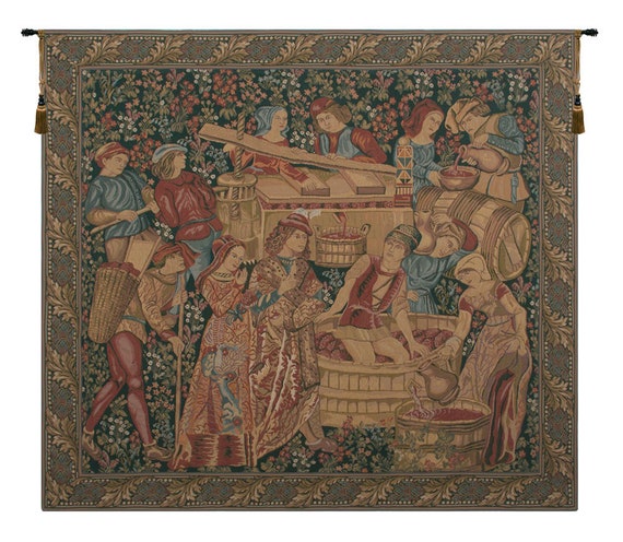 Medieval Wine Press Tapestry: Vendange Left Panel Wall Hanging - Vintage Grape Harvest Art Decor