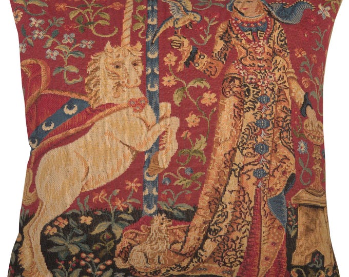 Belgian Medieval Tapestry Cushion Cover, 14x14 Inch Jacquard Woven Pillow Case