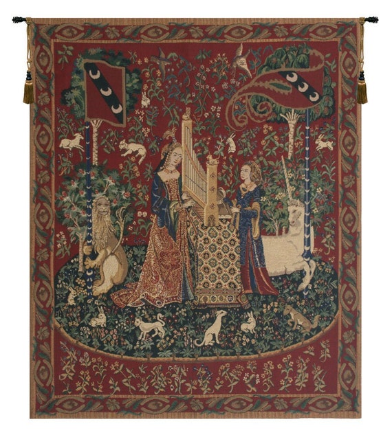 Lady & Organ Belgian Medieval Tapestry - Millefleurs Woven Wall Hanging - Elegant Home Decor