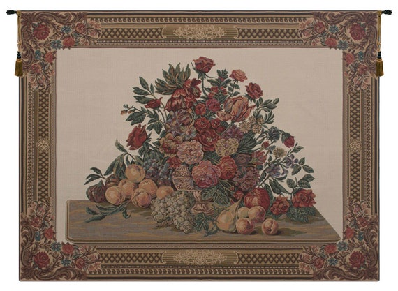 Floral Vase Wall Tapestry: Jacquard Woven Art, Belgian Decor (40x52 inch)