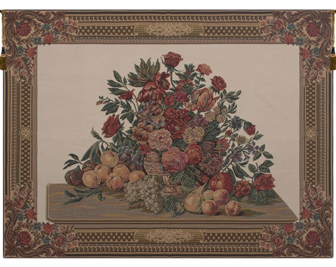 Floral Vase Wall Tapestry: Jacquard Woven Art, Belgian Decor (40x52 inch)
