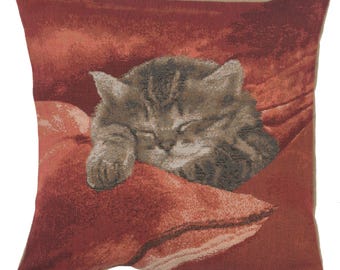 Sleeping Cat Red French Tapestry Cushion Cover 14x14 inch - Woven Pet Lover Pillow Cover - Decorative Throw Pillows Case for Couch