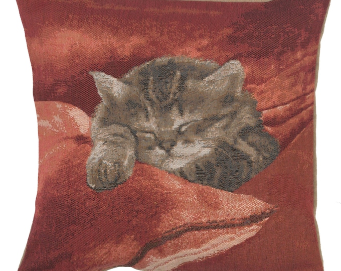 French Tapestry Throw Cushion Cover: Sleeping Cat Pillow Case, 14x14 Inch