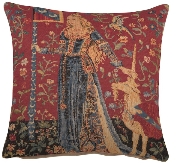 Belgian Tapestry Pillow Cover 14x14: Medieval Lady and Unicorn Cushion