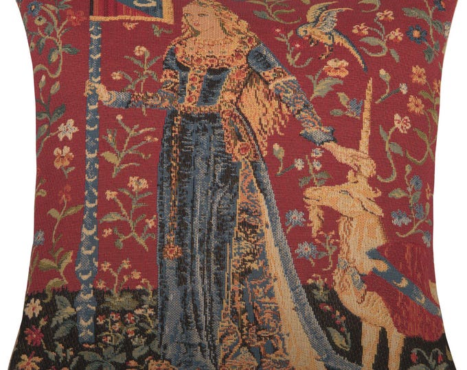 Belgian Tapestry Pillow Cover 14x14: Medieval Lady and Unicorn Cushion
