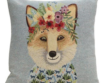 Felicia The Fox Tapestry Cushion Cover - Woodland Animal Throw Pillow Case for Living Room Decor