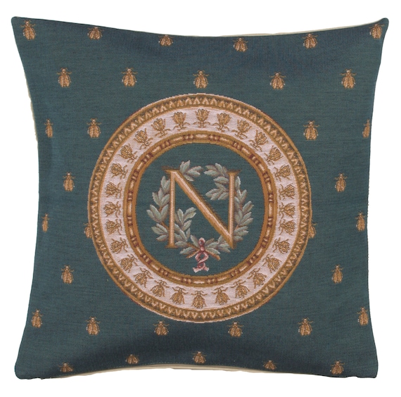 Blue Napoleon French Tapestry Pillow Cover: Royal Emblem Cushion (18x18 inch)