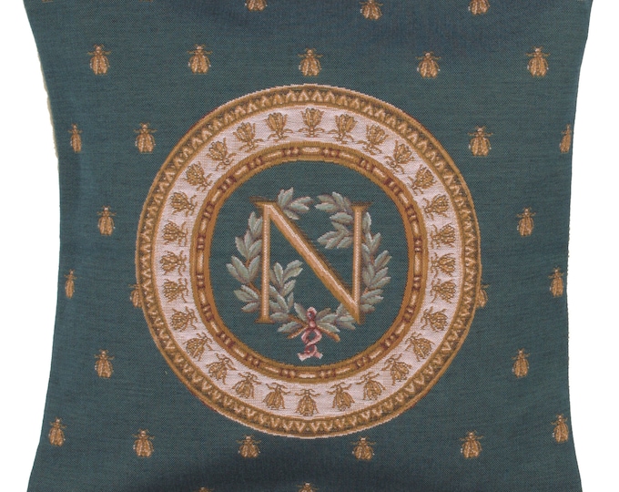 Blue Napoleon French Tapestry Pillow Cover: Royal Emblem Cushion (18x18 inch)