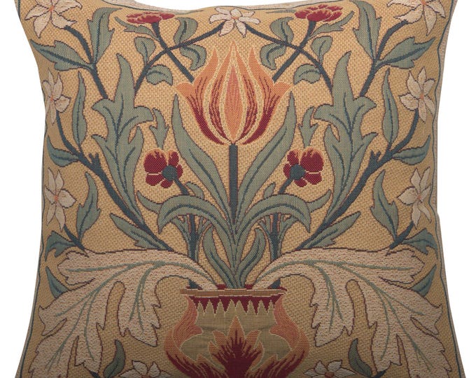 William Morris Tulip Tapestry Pillow Cover: Belgian Jacquard Woven Cushion