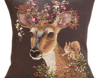 Elegant Forest Deer Brown Tapestry Pillow Cover 18x18 inch Inch, Belgian Woven Cushion Cover, Rustic Decor Throw Pillow Case